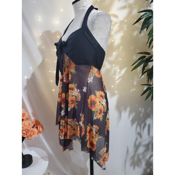 Summer Mae Sunflower Mesh Halter Asymmetrical Hem Halter Tank Swim Dress Size XL - Picture 2 of 8
